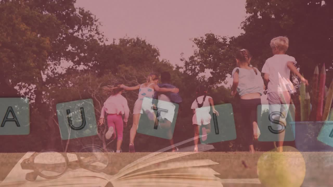 Animasjon av puslespillbrikker og autisme-tekst over forskjellige skolebarn