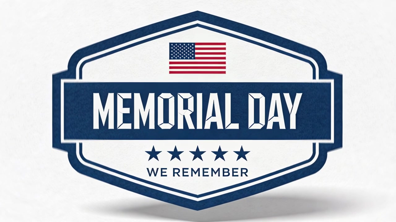 Animazione di un distintivo del Memorial Day che si ingrandisce su uno sfondo bianco da studio, mostrando la bandiera e onorando i caduti.