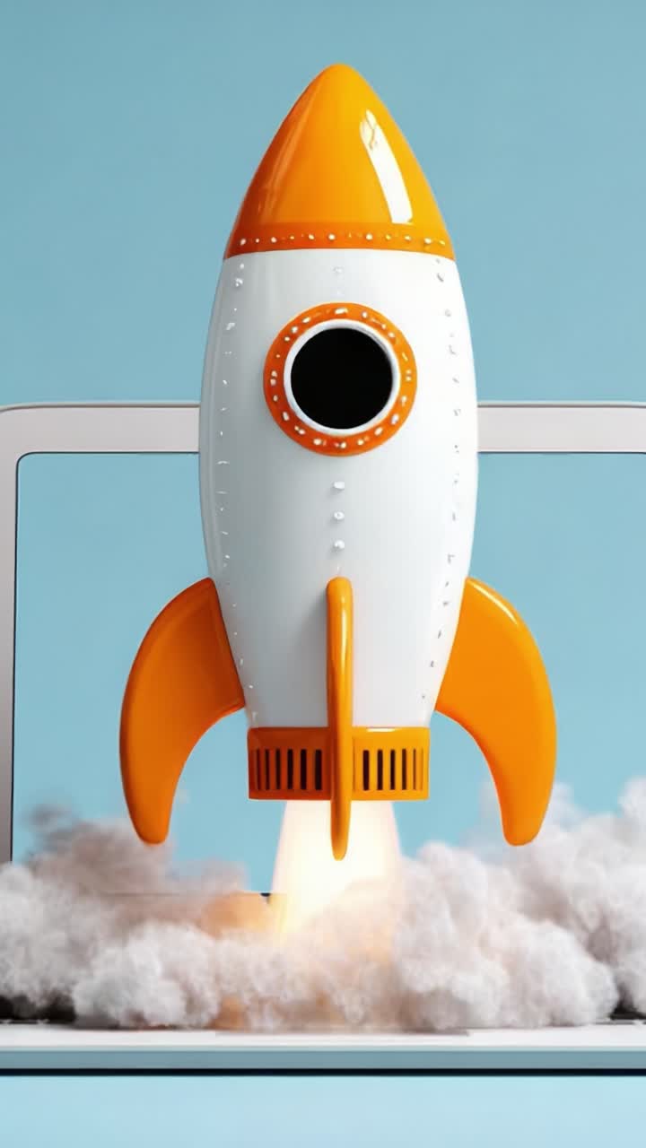 A whimsical rocket toy takes flight from a laptop, illustrating the imaginative connection between technology and adventure in a vibrant and playful manner