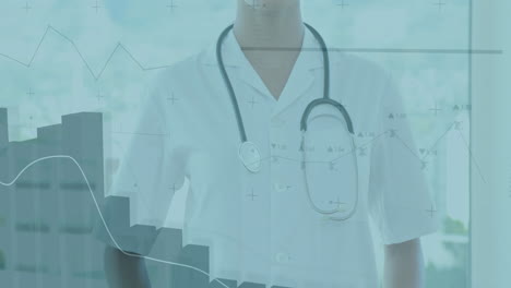 female doctor wearing stethoscope standing by clinic window, displaying animated chart overlay