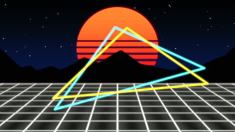 big sun and neon triangles with neon grid in galaxy