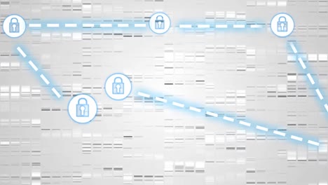 animation of network of connections with online security padlocks over grey background