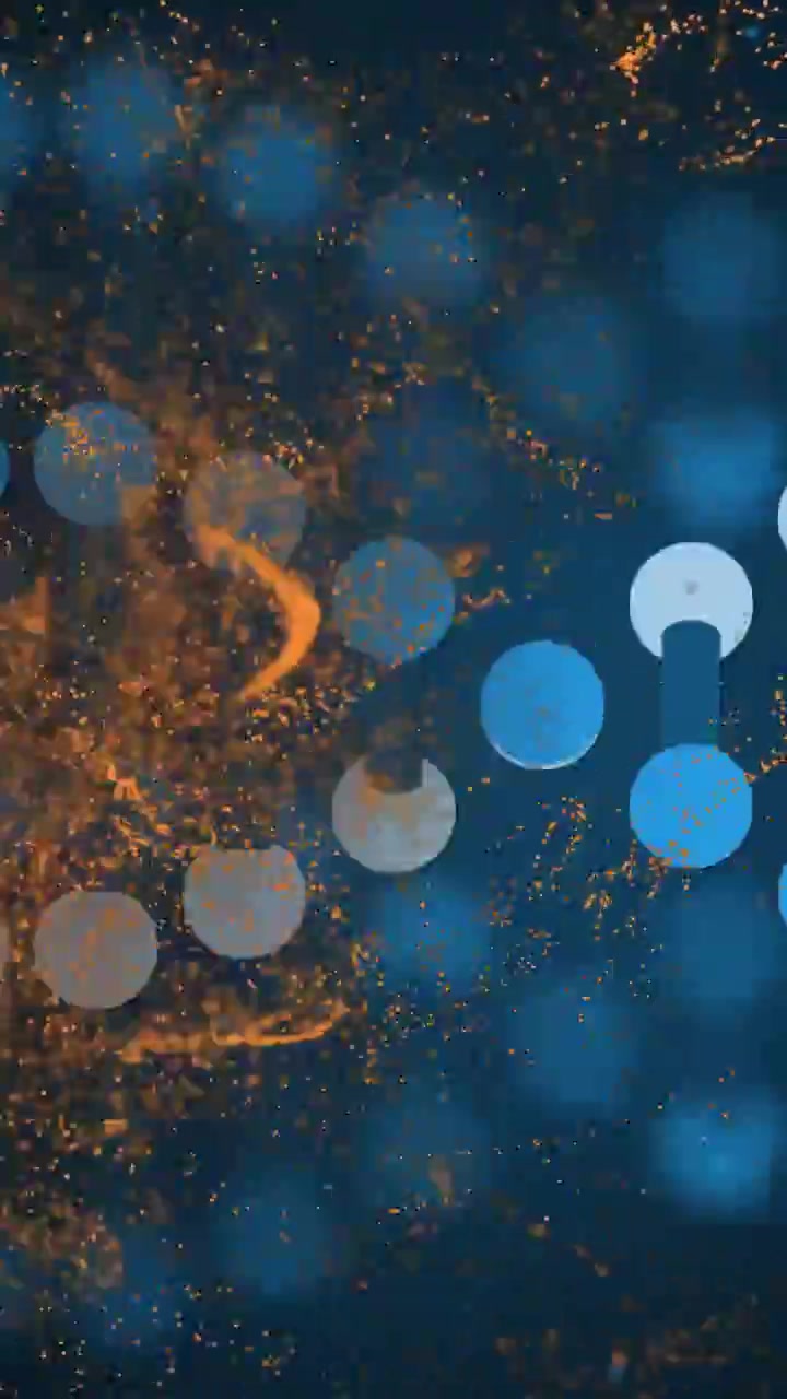 Vertikal video: Prikket net gnistrer med orange filamenter og blå skiver animeres til en bue for at skabe fokus.