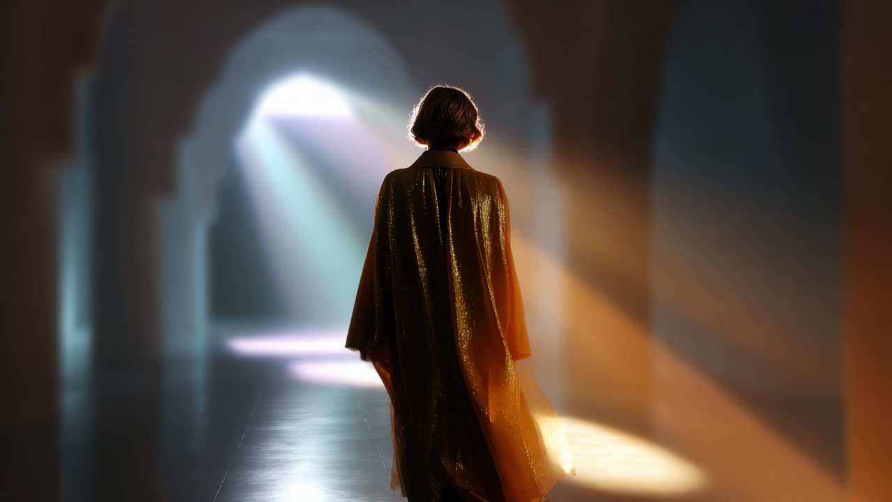 Una figura misteriosa avvolta in un manto scintillante cammina attraverso uno spazio architettonico immerso in una luce soffice ed eterea, evocando un senso di meraviglia e mistero in un'atmosfera onirica