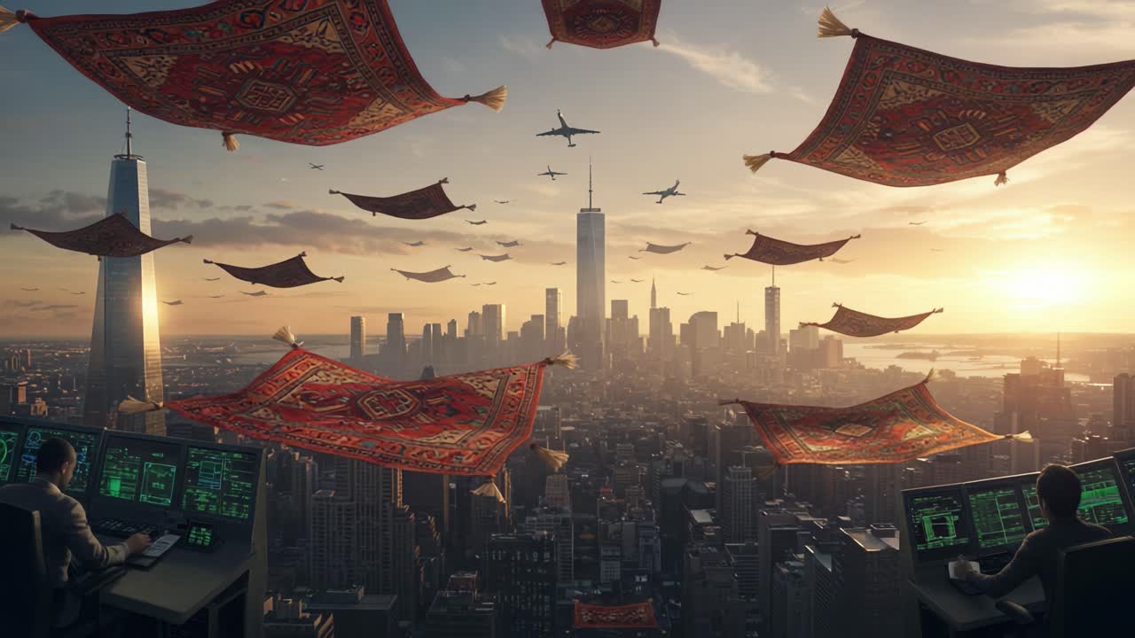 A Stunning View of Flying Carpets Over a Bustling Cityscape at Sunset, Showcasing a Dreamlike Landscape with Modern Skylines and Aircraft in the Sky