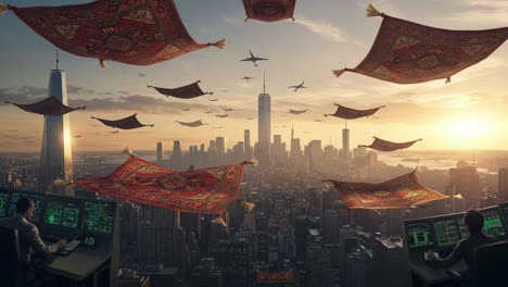a stunning view of flying carpets over a bustling cityscape at sunset, showcasing a dreamlike landscape with modern skylines and aircraft in the sky