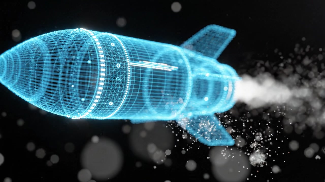 Futuristic Rocket Launch Animation: A High-Tech Visualization of a 3D Wireframe Rocket Propelling into Space, Showcasing Advanced Graphics and Innovative Design