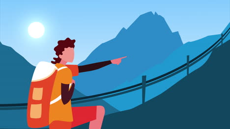 young adventurous man crossing bridge