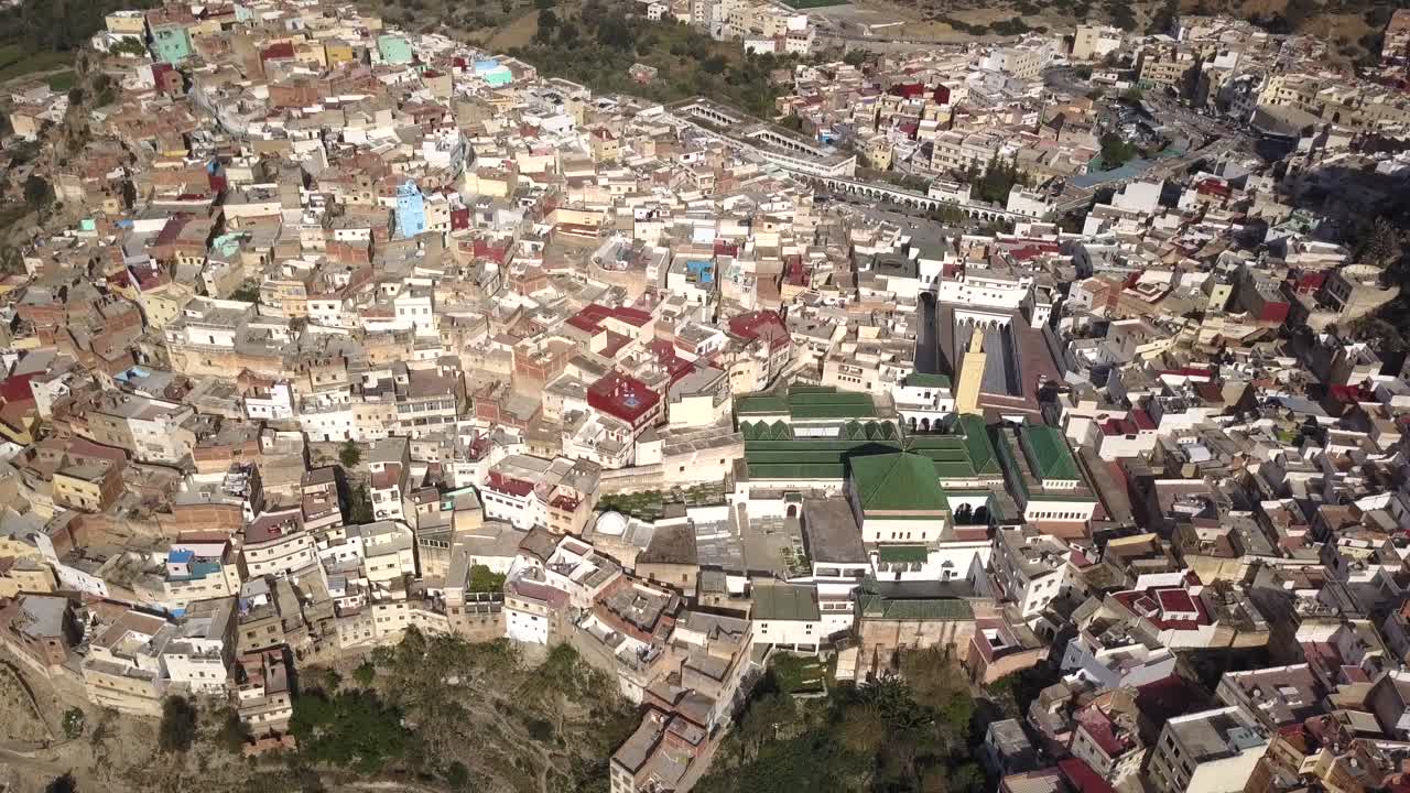 AERIAL: Old medina and Mosque in Moulay Idriss