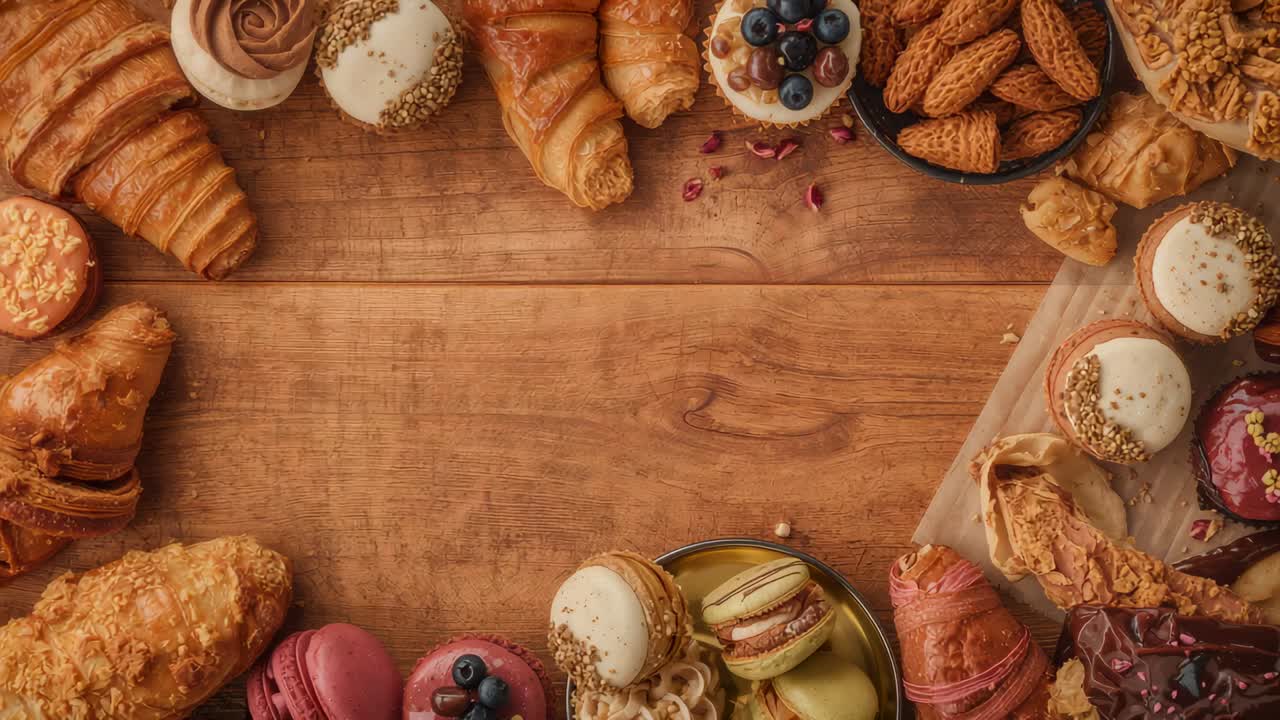 Ripresa dall’alto con spostamento della telecamera che rivela più macaron e un piatto di metallo su un tavolo di legno, layout di cibo stilizzato