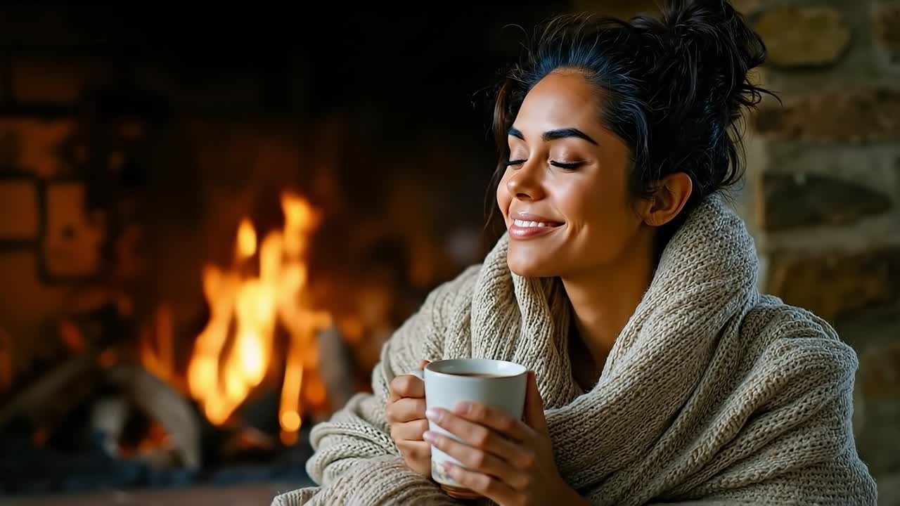 Uma mulher enrolada em um cobertor segurando uma xícara de café em frente a uma lareira