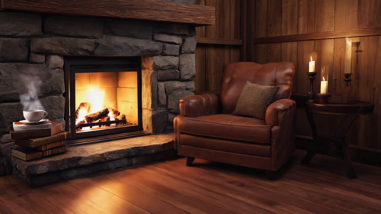 Cozy fireplace with armchair and candles