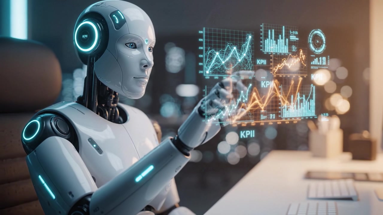 Futuristic Robot Analyzing Data: A Glimpse into Advanced AI Technology and Its Role in Data Interpretation and Visualization in a Modern Workspace Environment