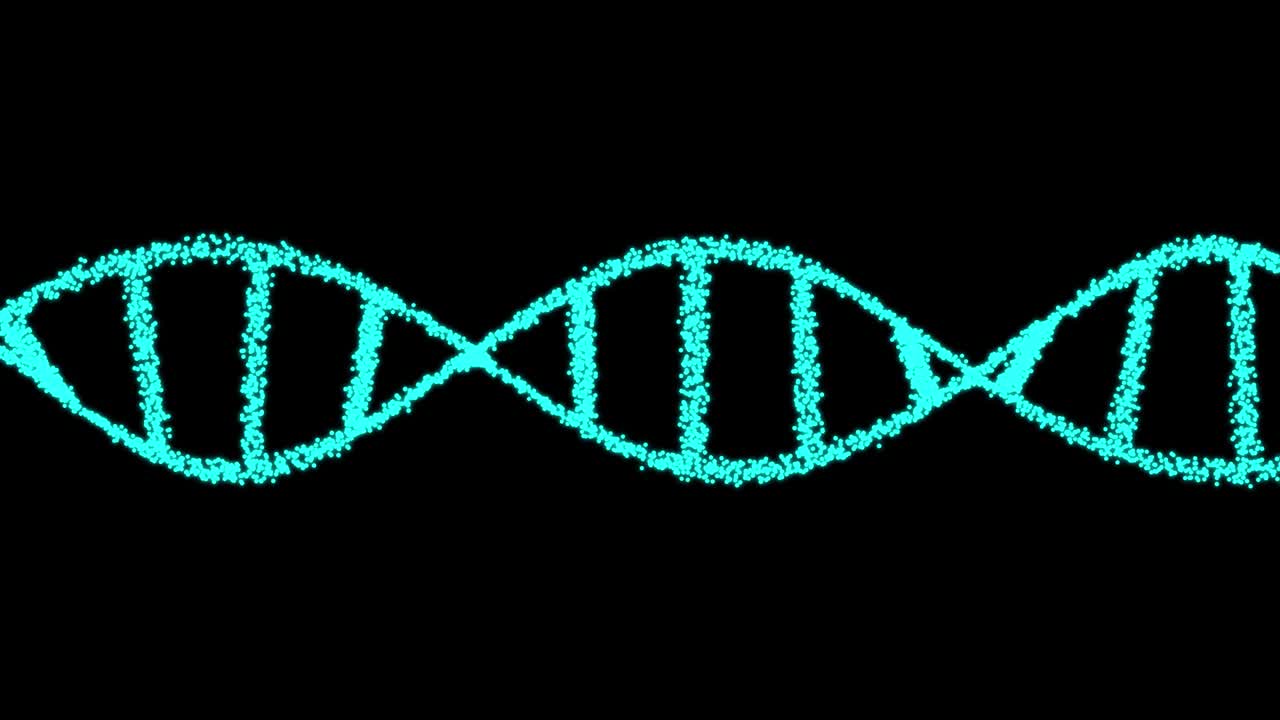 2D animation of DNA composed of particles on a black background. 60FPS. The object is horizontal.