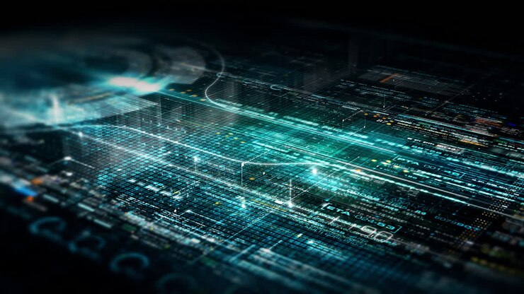 Futuristic abstract de-focus flowing data matrix, meta, metaverse, telemetry and encrypt numbers display with particles simulation in cyber space environment for head up display background