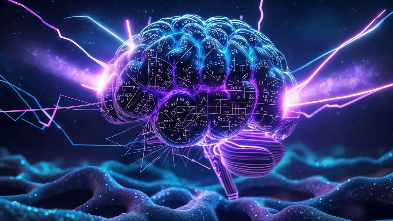 Digital Brain with Glowing Equations and Neural Connections