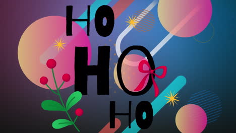 animation of ho ho ho text banner over abstract shapes on purple gradient background with copy space