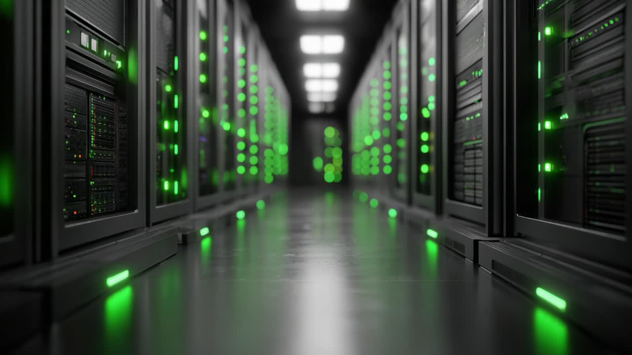Un viaggio attraverso un labirinto digitale: Esplorando il design intricato delle sale server illuminate da vibranti LED verdi in un moderno data center.
