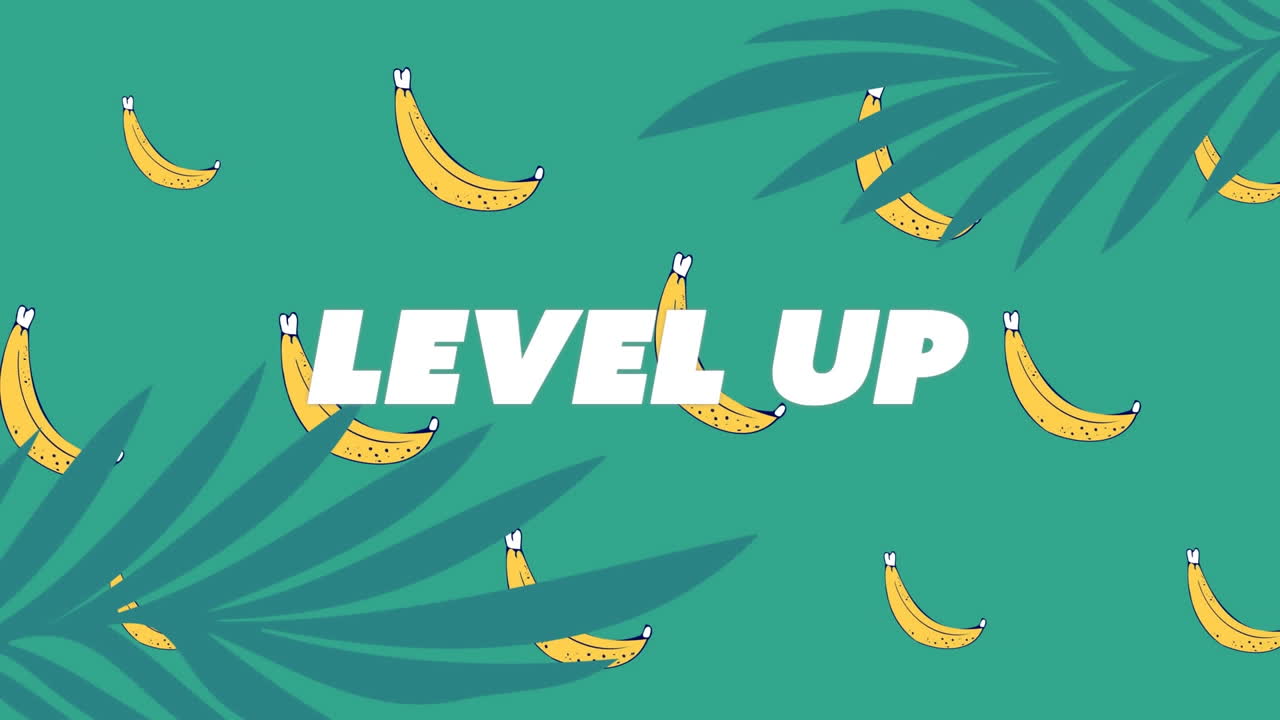 식물과 바나나 위의 레벨 업 텍스트의 애니메이션