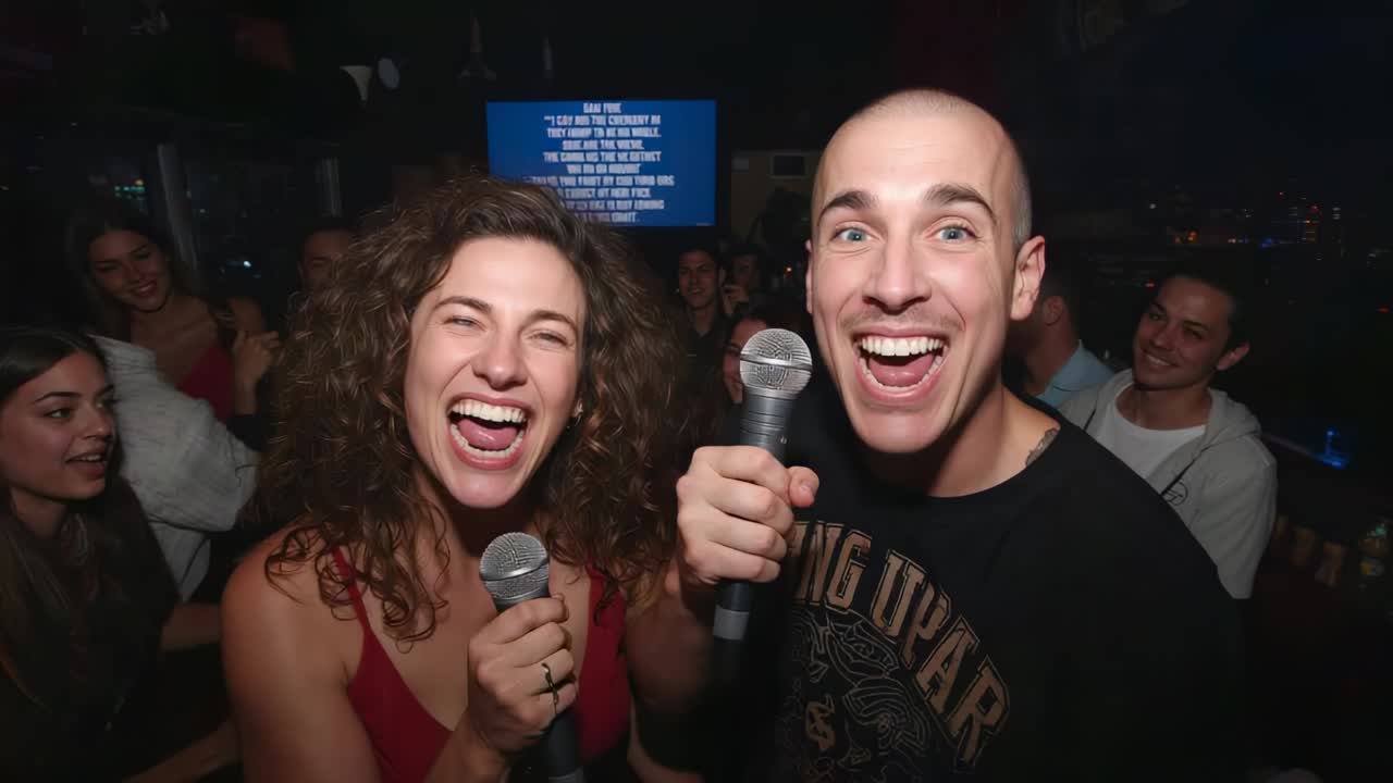 Monitor che visualizza il testo delle canzoni, donna con top rosso e uomo calvo in maglietta nera che duettano al bar con i microfoni