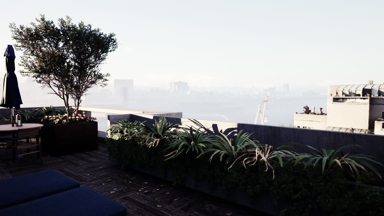 도시 전망을 가진 지붕 테라스