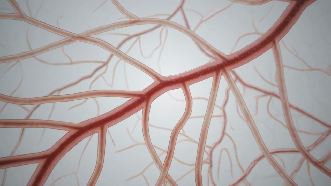 L'inquadratura si allontana rivelando un vaso sanguigno rosso che si ramifica in una fitta rete capillare in un rendering medico.