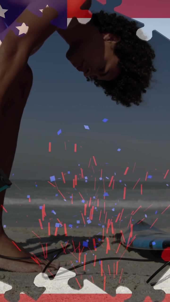 Animation of American flag waving with jigsaw puzzles revealing man on beach