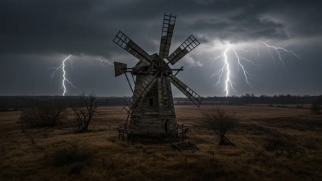 a dramatic scene of an old wooden windmill set against a stormy sky, illuminated by striking lightning bolts, capturing the raw power of nature and the eerie beauty of rural landscapes