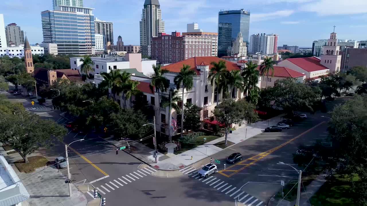 4K Aerial Video of City Hall in St Petersburg, FL with Downtown Skyline in Background