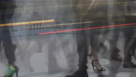 people walking in modern cityscape with transparent data processing animation