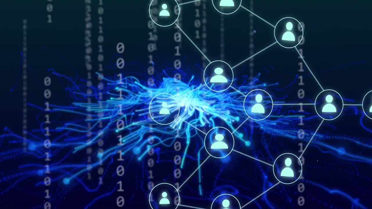 Central hub pulsing after falling binary streams, extending tendrils and forming user network mesh