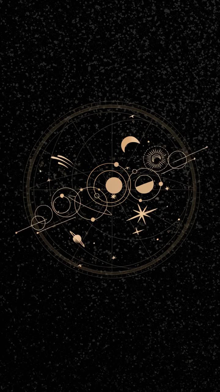 Top-down view of celestial design with golden astronomical symbols on a starry black background