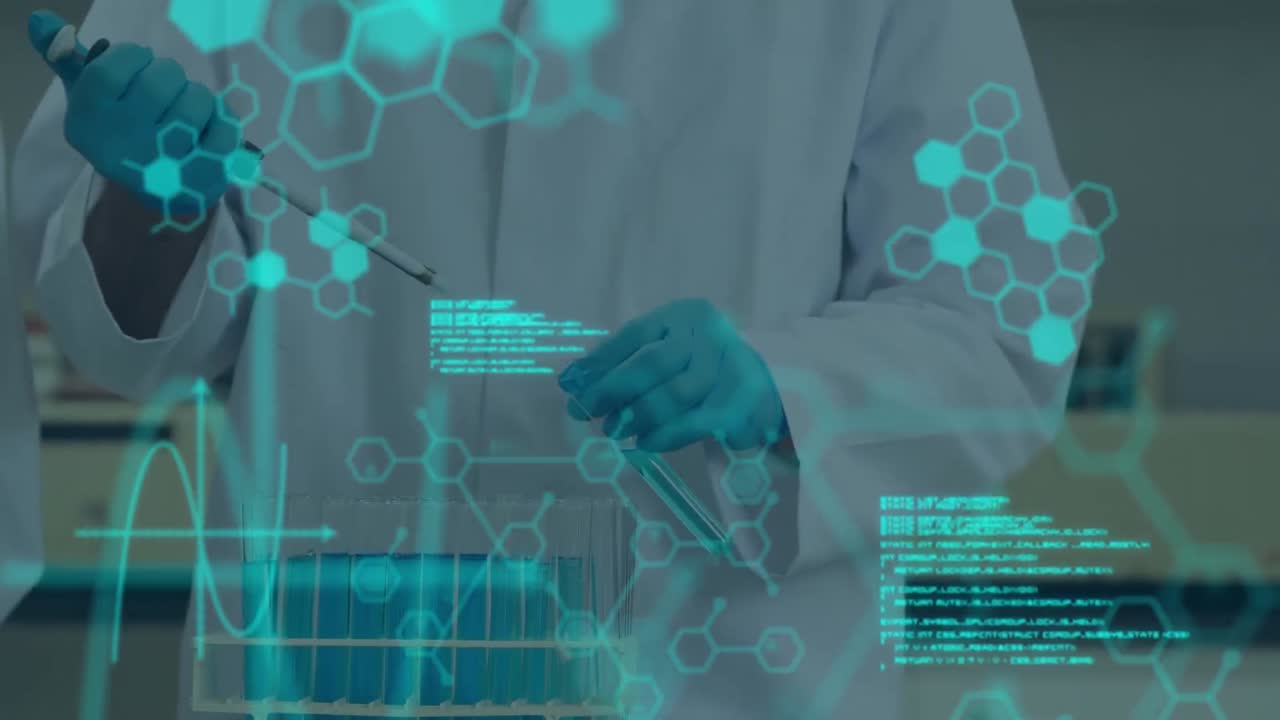 animación de moléculas y procesamiento de datos sobre científico caucásico en el laboratorio