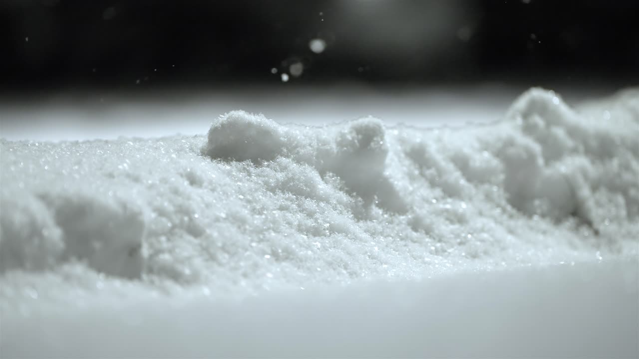Slow motion winter footage, slow falling snowflakes on the ground at night, snow covered path, floor, static shot, copy space