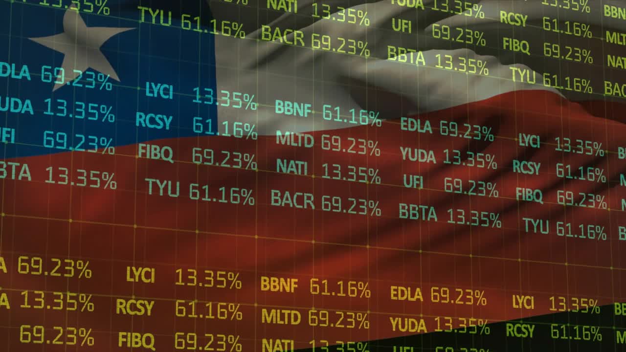 Beim Laden weht stilisierte amerikanische Flagge, Ticker aktualisieren Kurse pro Sekunde, um Marktverschiebungen zu zeigen