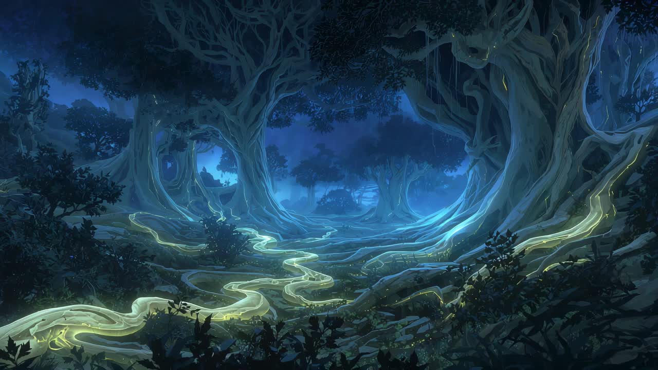Pulsing from soft root spark, winding root path and gnarled trees ...