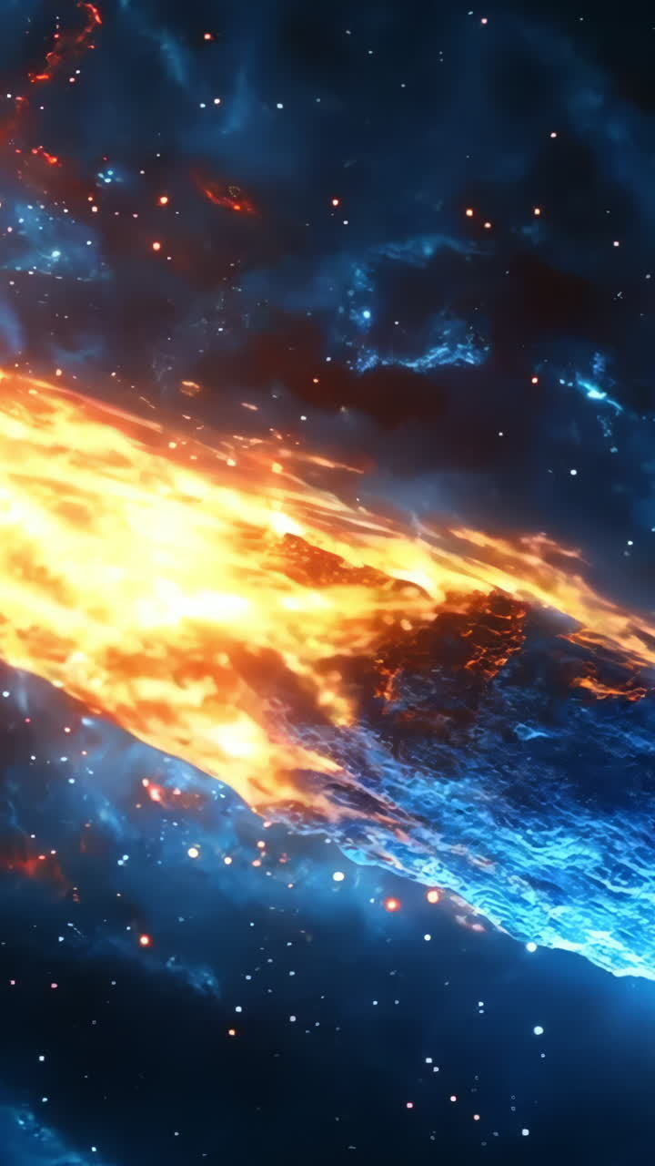 A comet is flying through space with a bright orange tail. The comet is surrounded by a blue sky and stars