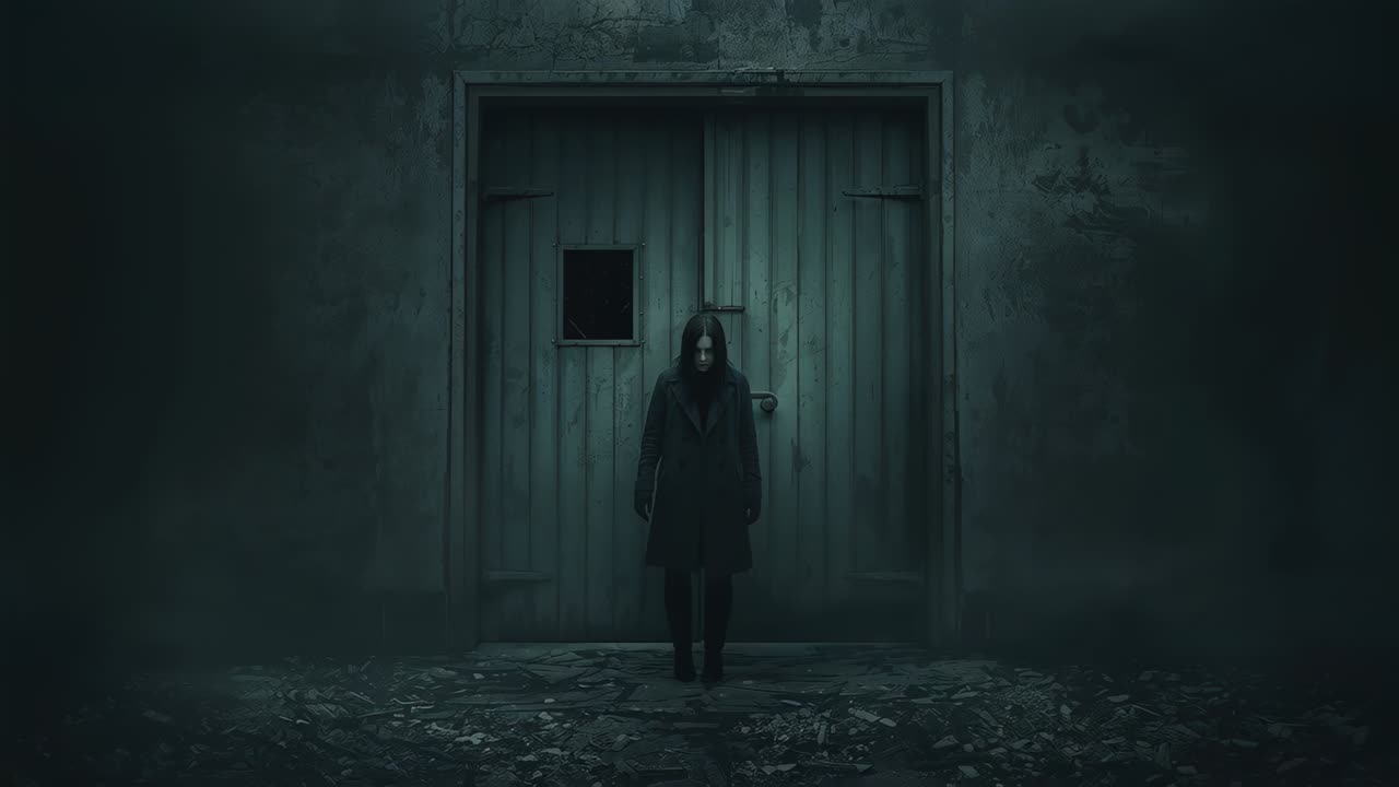 Standing woman before wooden door wearing long coat, boots, camera revealing while sunlight rising