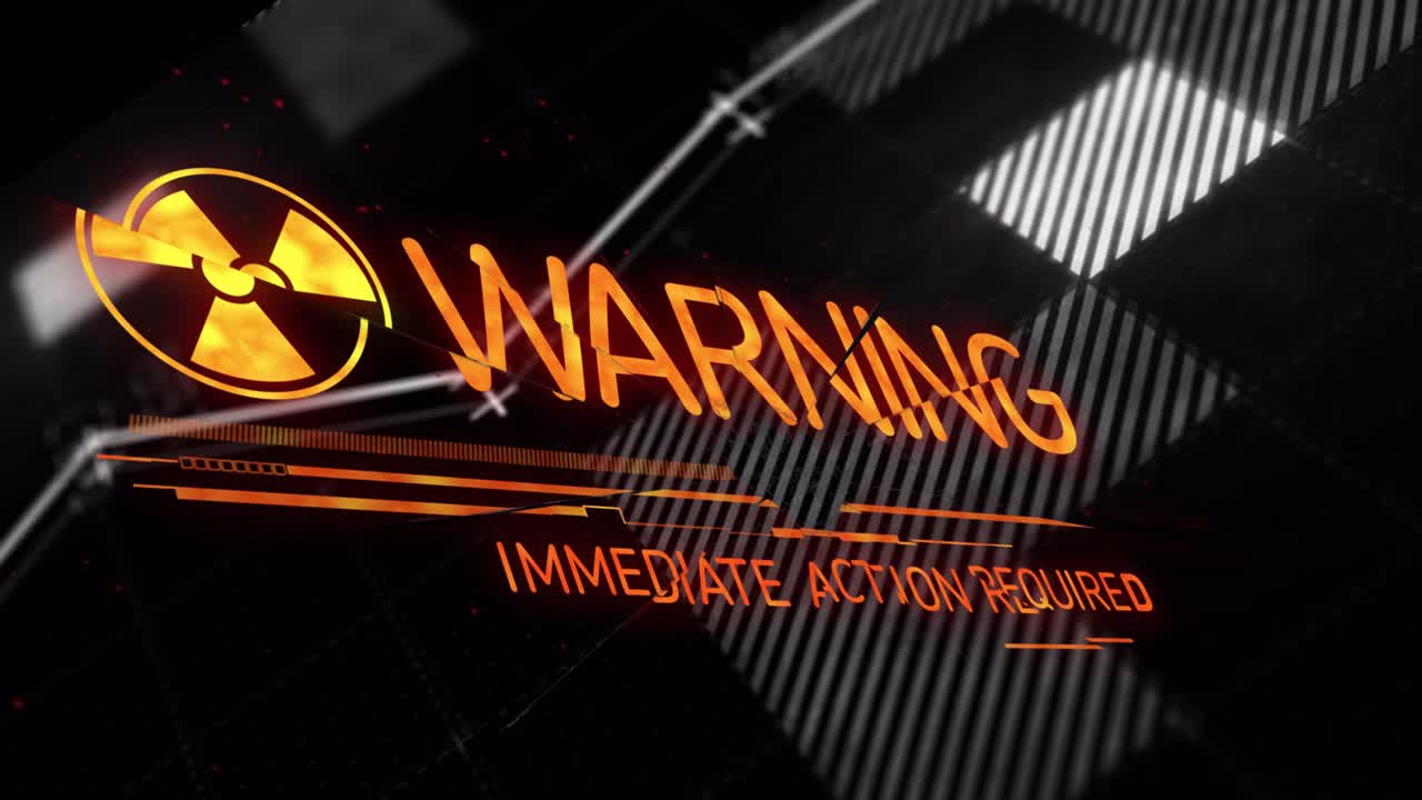 Radiation symbol spinning into view as bars sliding align, WPX morphing into WARNING, urging action