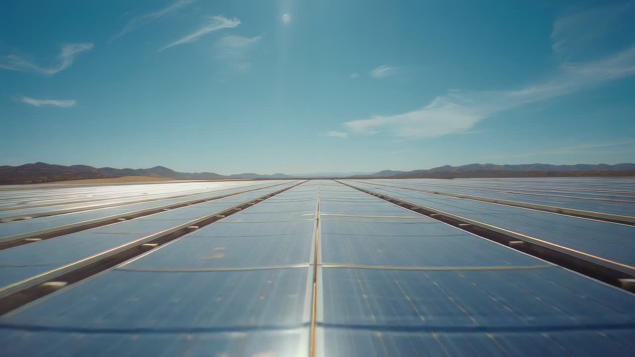 Noticing sunlight glinting on photovoltaic panels, camera tracking over solar farm capturing energy