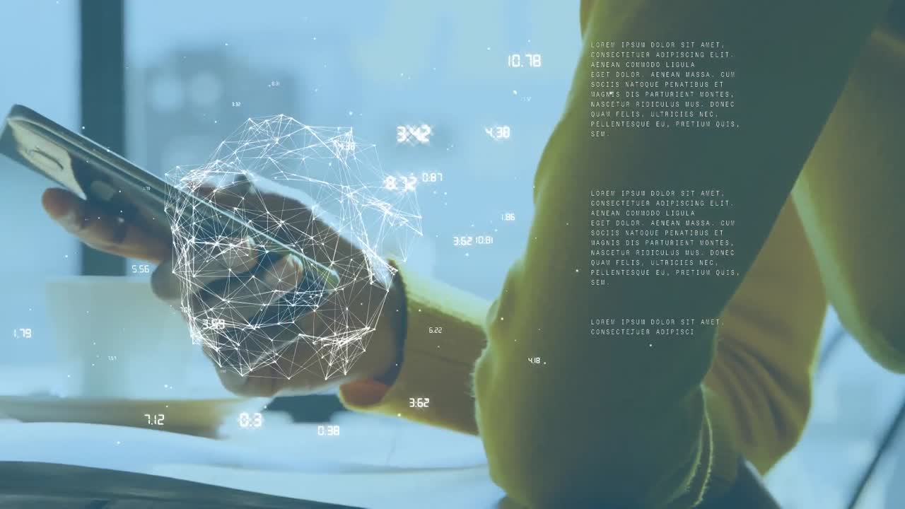 스마트폰을 사용하는 여성에 대한 지구의 애니메이션과 데이터 처리