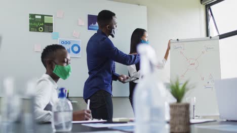 Diverse-male-and-female-office-colleagues-wearing-face-masks-giving-presentation-to-their-colleagues