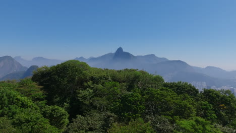 close aerial footage flying over the trees of a mountain with botafogo neighborhood in christ redeemer statue in the background in rio de janeiro