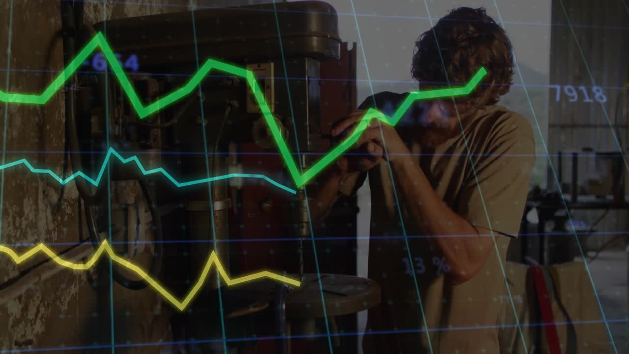 Machinist gripping workpiece on bench drill press while financial chart overlays guiding alignment