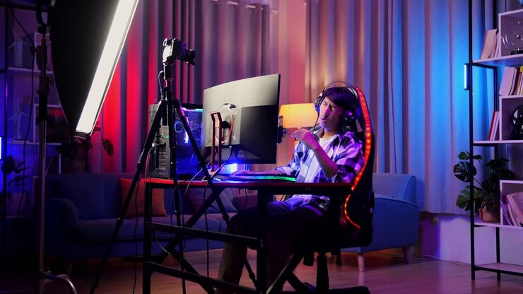 Asian Boy Streamer Feeling Disappointed Fails Game Over On Personal Computer. Live Stream Video Game, Desk Illuminated By Rgb Led Strip Light