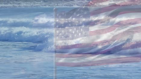 digital composition of waving us flag against waves in the sea