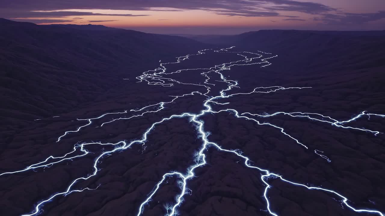 Glowing Lightning Energy Spreading Across a Mountain Valley at Dusk