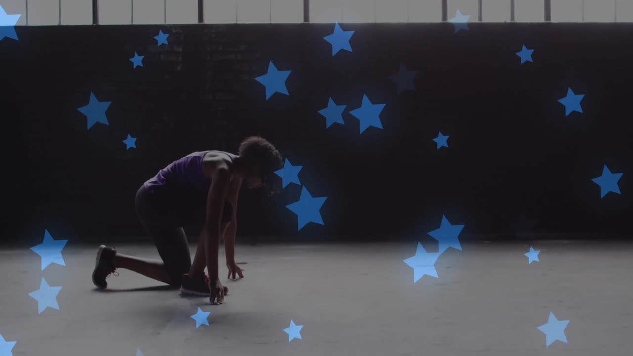 여러 개의 파란 별이 아프리카계 미국인 여성에 대해 떠다니고 있습니다. 출발 위치에서 달릴 준비가되어 있습니다.