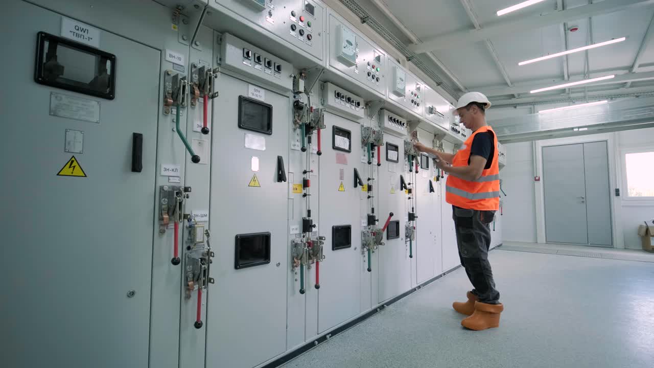 el ingeniero eléctrico que trabaja comprueba la tensión de corriente eléctrica y la sobrecarga en la parte delantera del gabinete del centro de carga o de la unidad de consumo para el mantenimiento en la sala principal del sistema de distribución de energía.