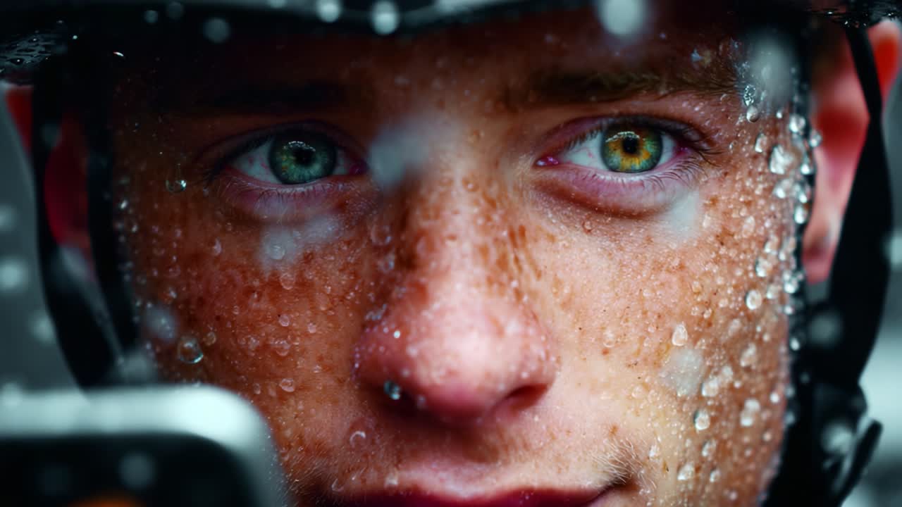 A close-up portrait of a young man with striking green and hazel eyes, showcasing raindrops on his face while he engages with a smartphone in a rainy environment
